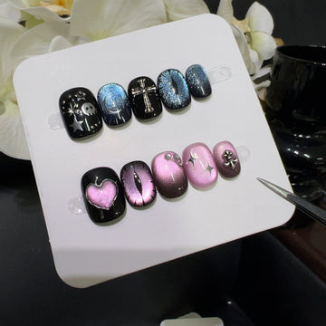 Gothic Dragon Eye - Handcrafted Blue & Pink Cat-Eye Chrome Cross Press-On Nails