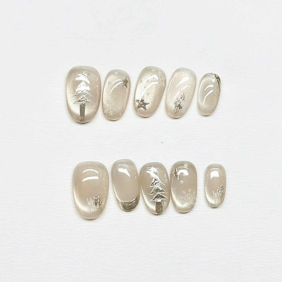 Silver Pine & Stars - Handcrafted Silver Chrome Pine Tree & Star Cat-Eye Press-On Nails
