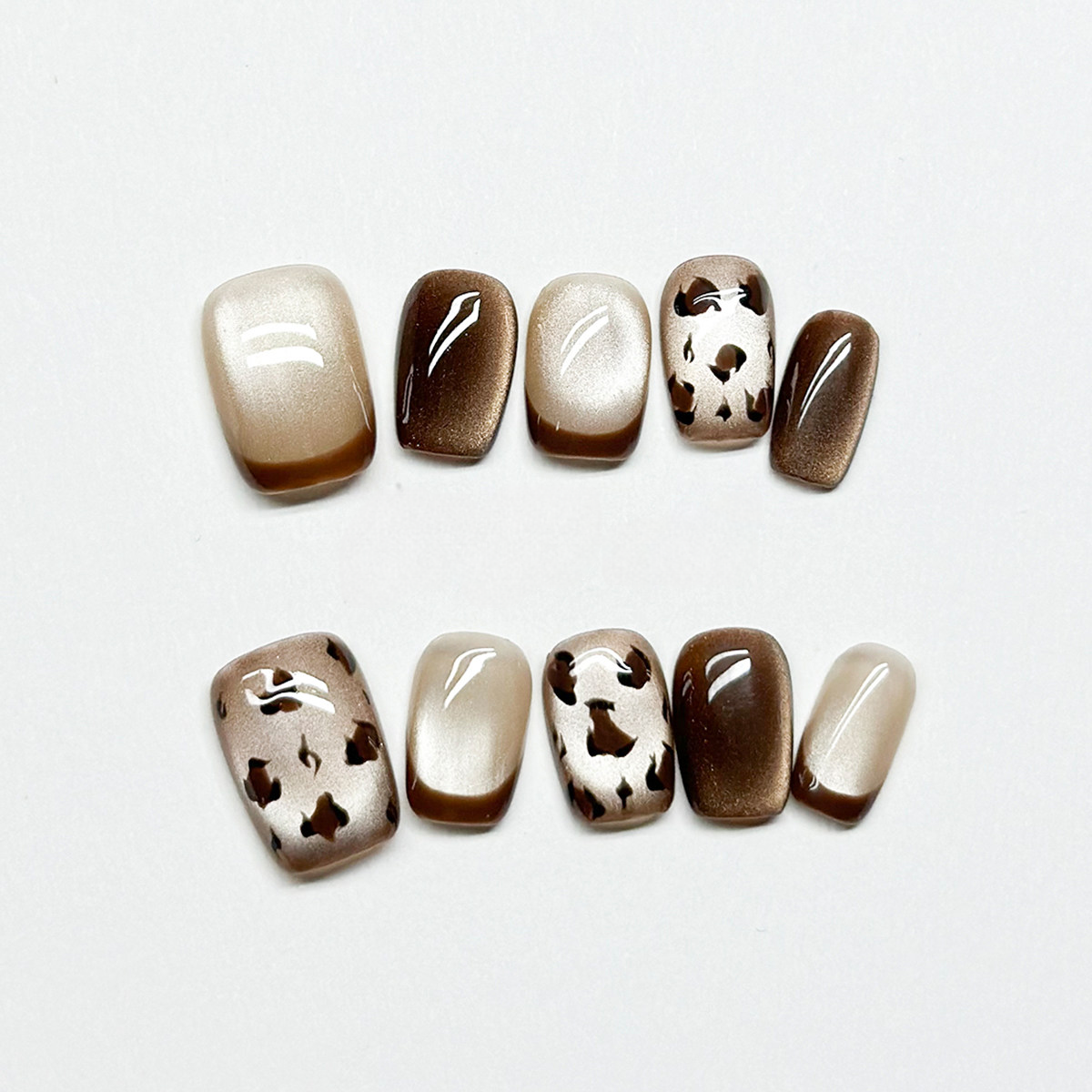 Amber Leopard - Handcrafted Mocha Cat-Eye & Leopard Print Press-On Nails