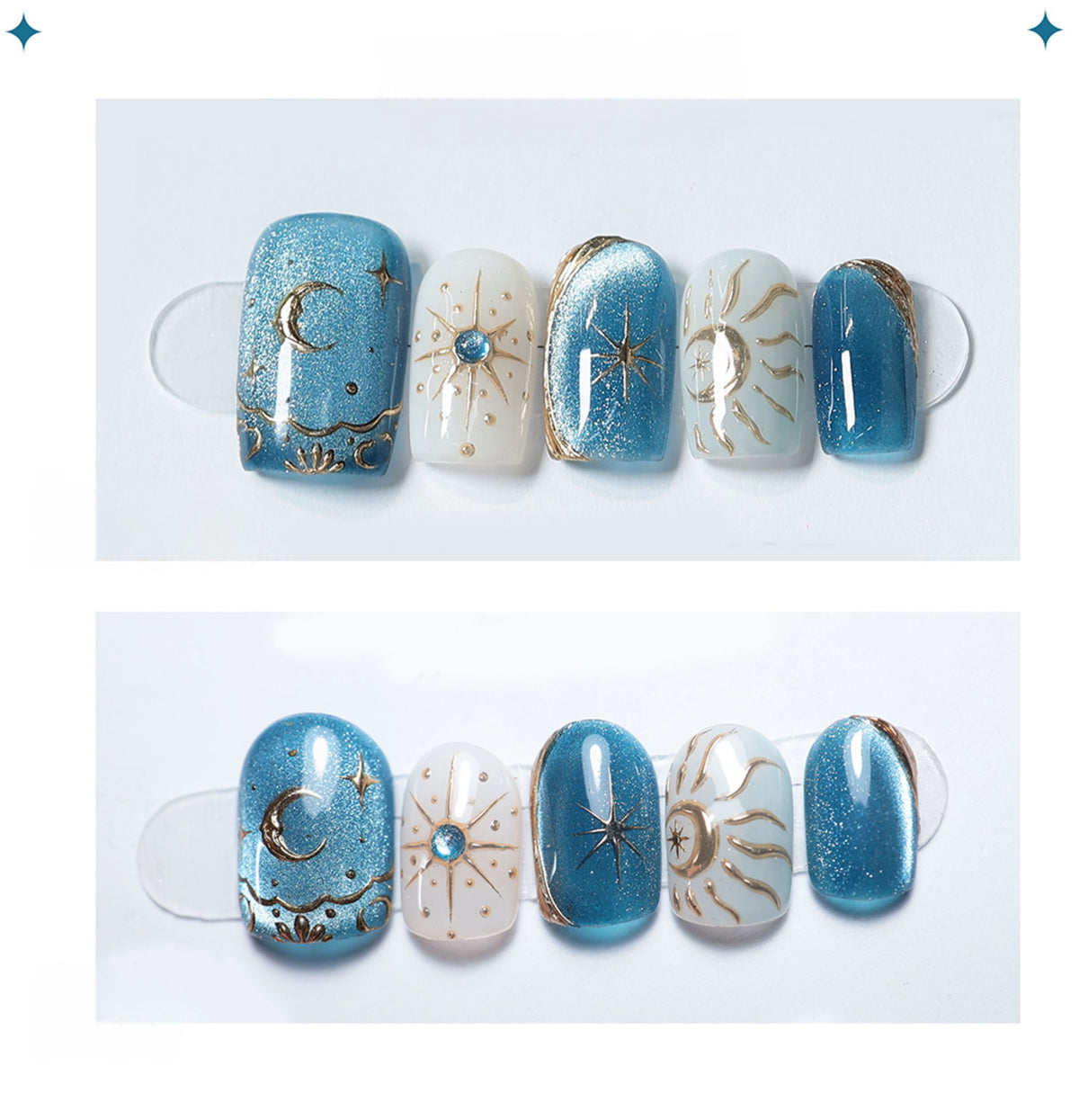 Celestial Blue - Handcrafted Blue Galaxy Cat-Eye & 3D Gold Sun & Moon Press-On Nails