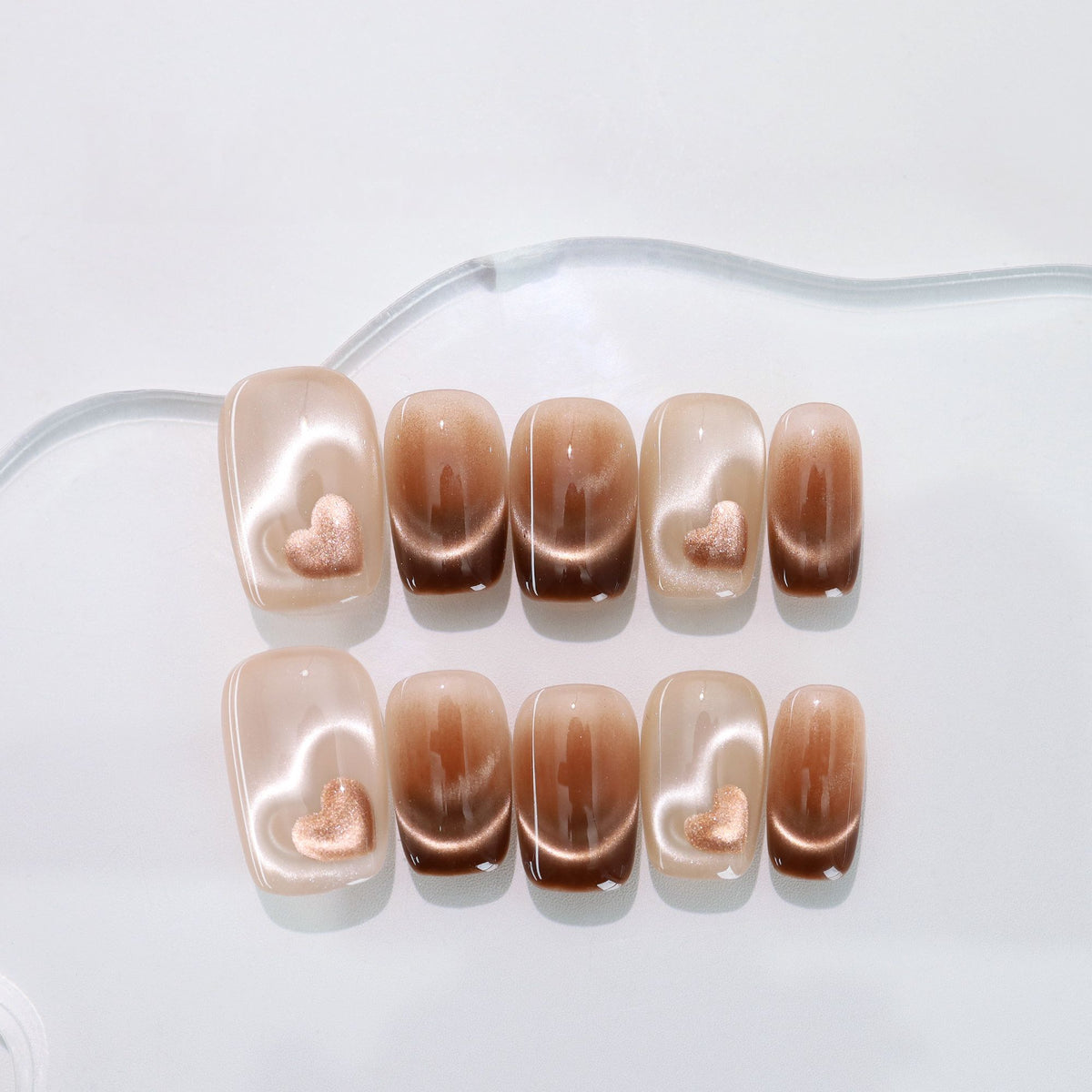 Mocha Velvet Heart - Handcrafted Amber Coffee Cat-Eye & 3D Magnetic Heart Press-On Nails