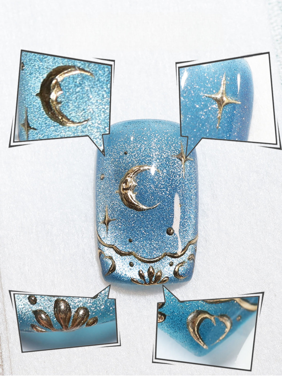Celestial Blue - Handcrafted Blue Galaxy Cat-Eye & 3D Gold Sun & Moon Press-On Nails