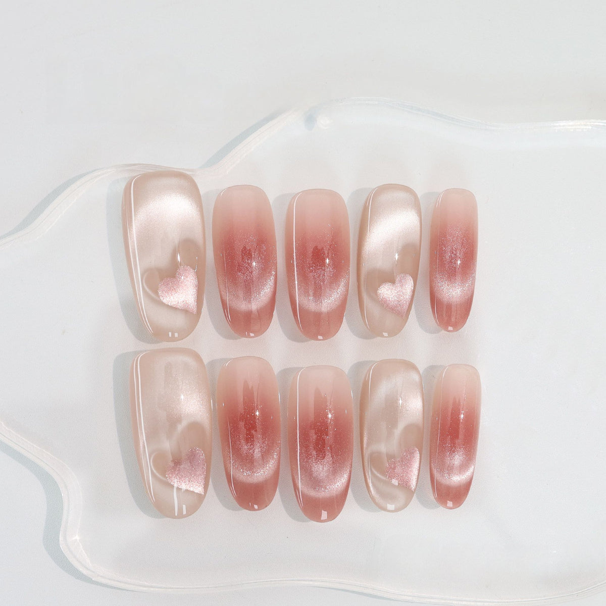 Pink Velvet Heart - Handcrafted Ice Pink Cat-Eye & 3D Magnetic Heart Press-On Nails