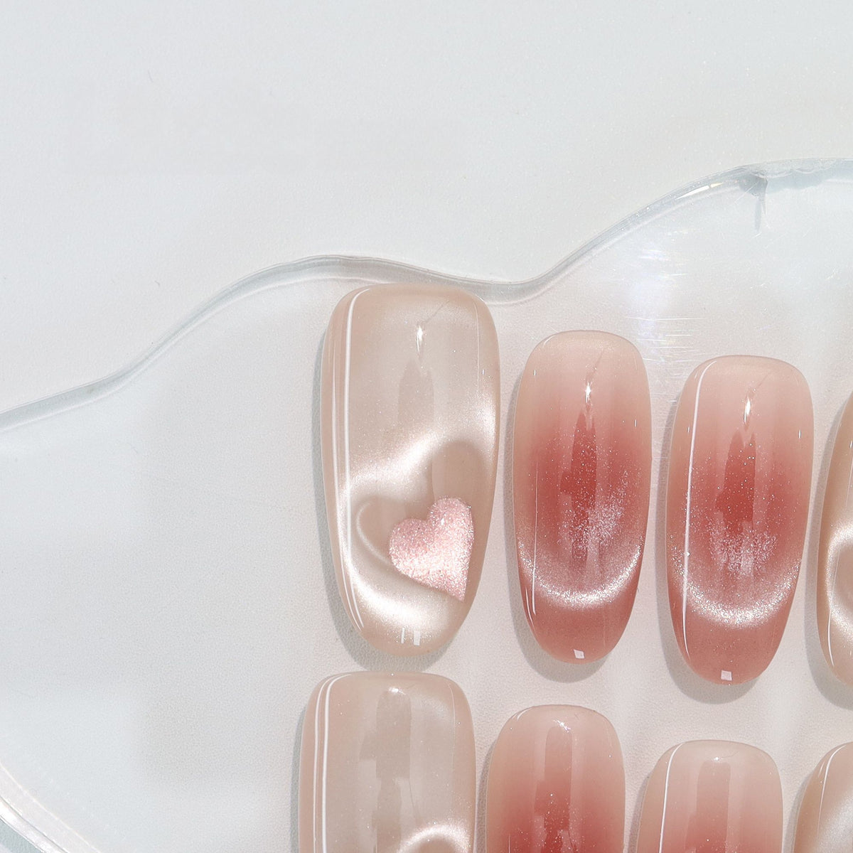 Pink Velvet Heart - Handcrafted Ice Pink Cat-Eye & 3D Magnetic Heart Press-On Nails