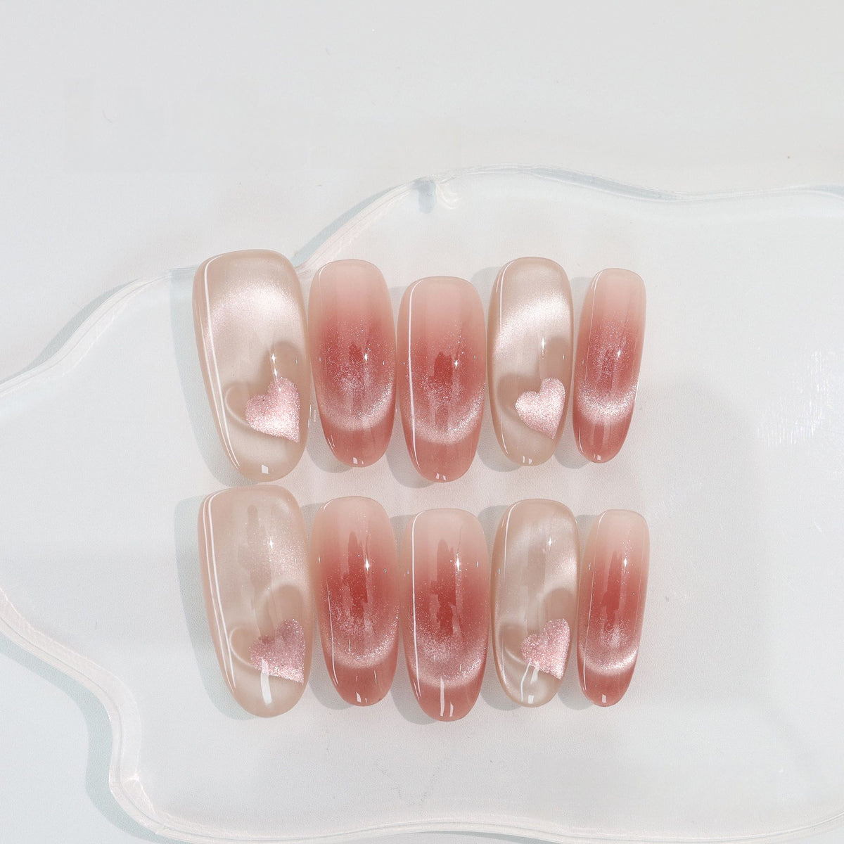 Pink Velvet Heart - Handcrafted Ice Pink Cat-Eye & 3D Magnetic Heart Press-On Nails