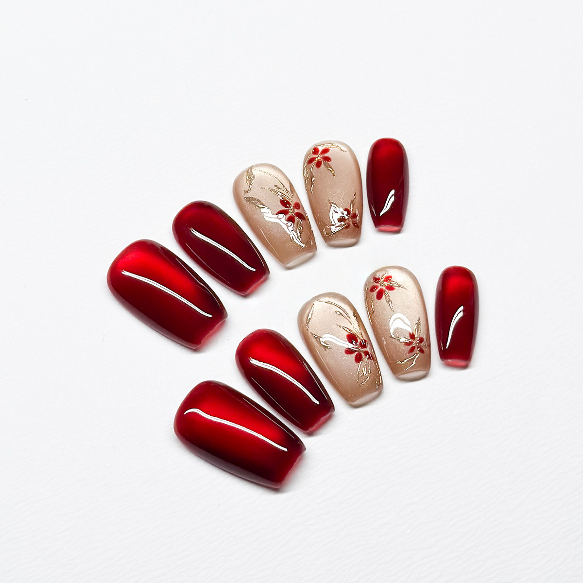 Imperial Blossom - Handcrafted Crimson Cat-Eye & Gold Relief Press-On Nails