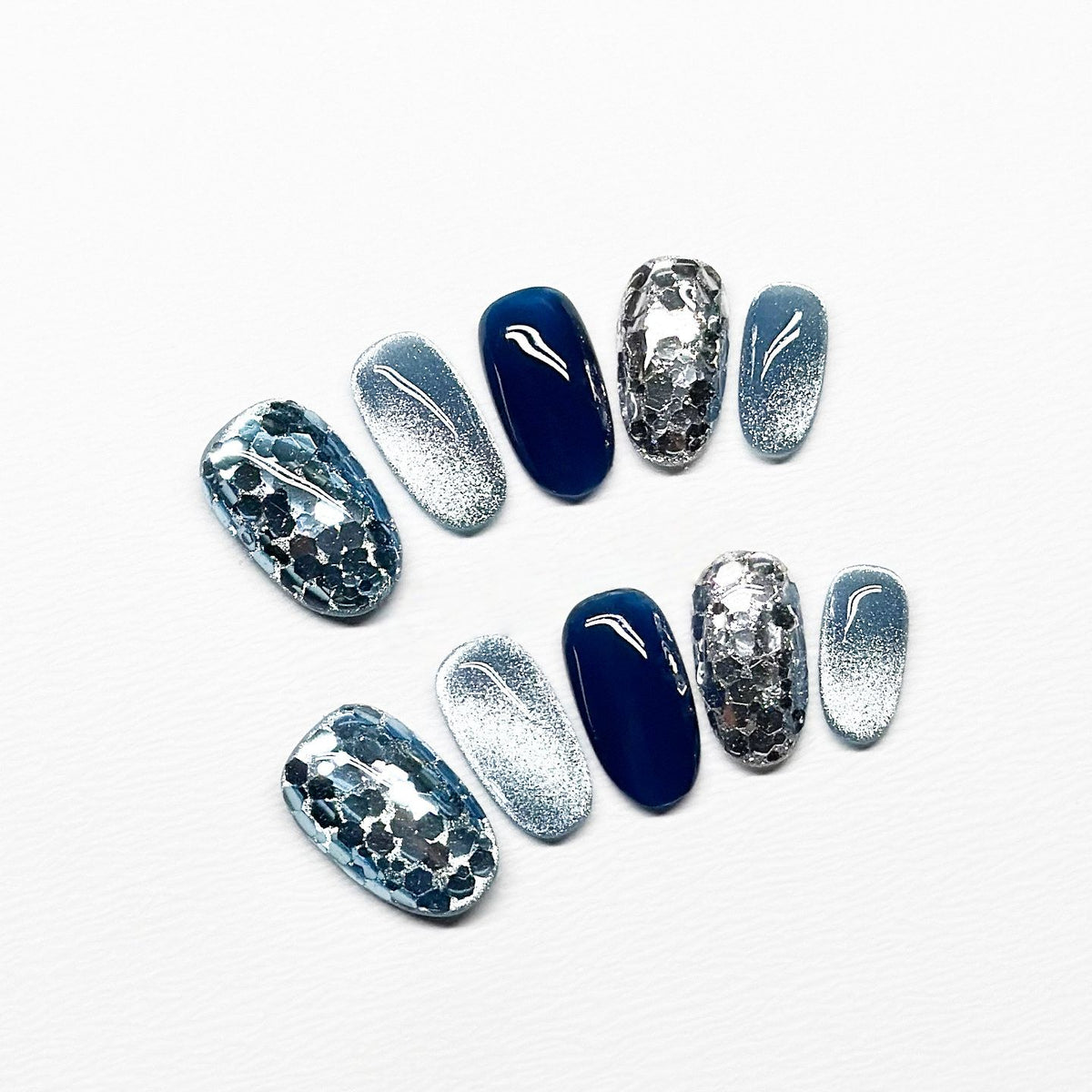 Ocean Glacier Sequins - Handcrafted Ice Blue Chunky Glitter & Deep Midnight Blue Press-On Nails