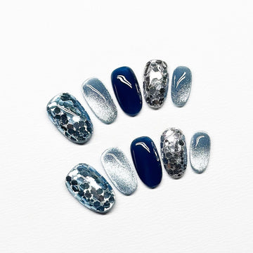 Ocean Glacier Sequins - Handcrafted Ice Blue Chunky Glitter & Deep Midnight Blue Press-On Nails