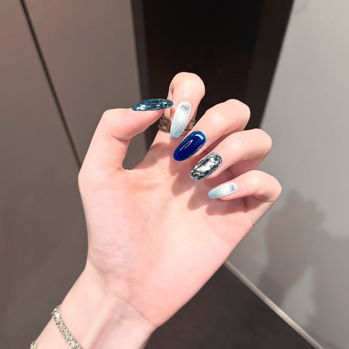 Ocean Glacier Sequins - Handcrafted Ice Blue Chunky Glitter & Deep Midnight Blue Press-On Nails
