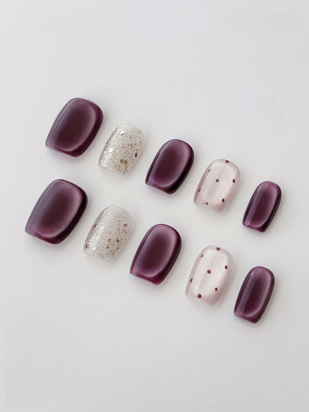 Burgundy Cat-Eye Polka Dot - Handcrafted Plum Velvet Cat-Eye & Silver Glitter Press-On Nails