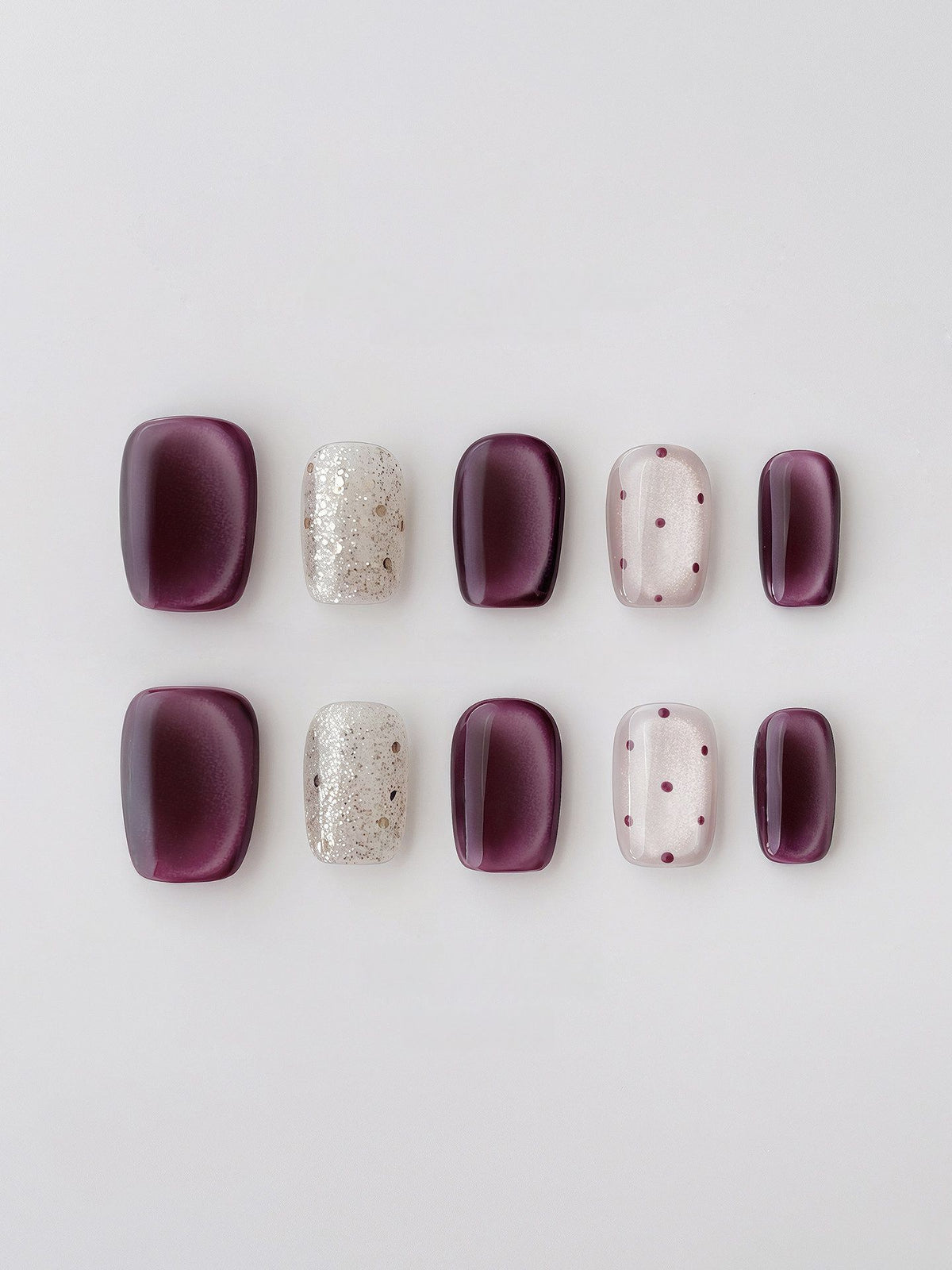 Burgundy Cat-Eye Polka Dot - Handcrafted Plum Velvet Cat-Eye & Silver Glitter Press-On Nails