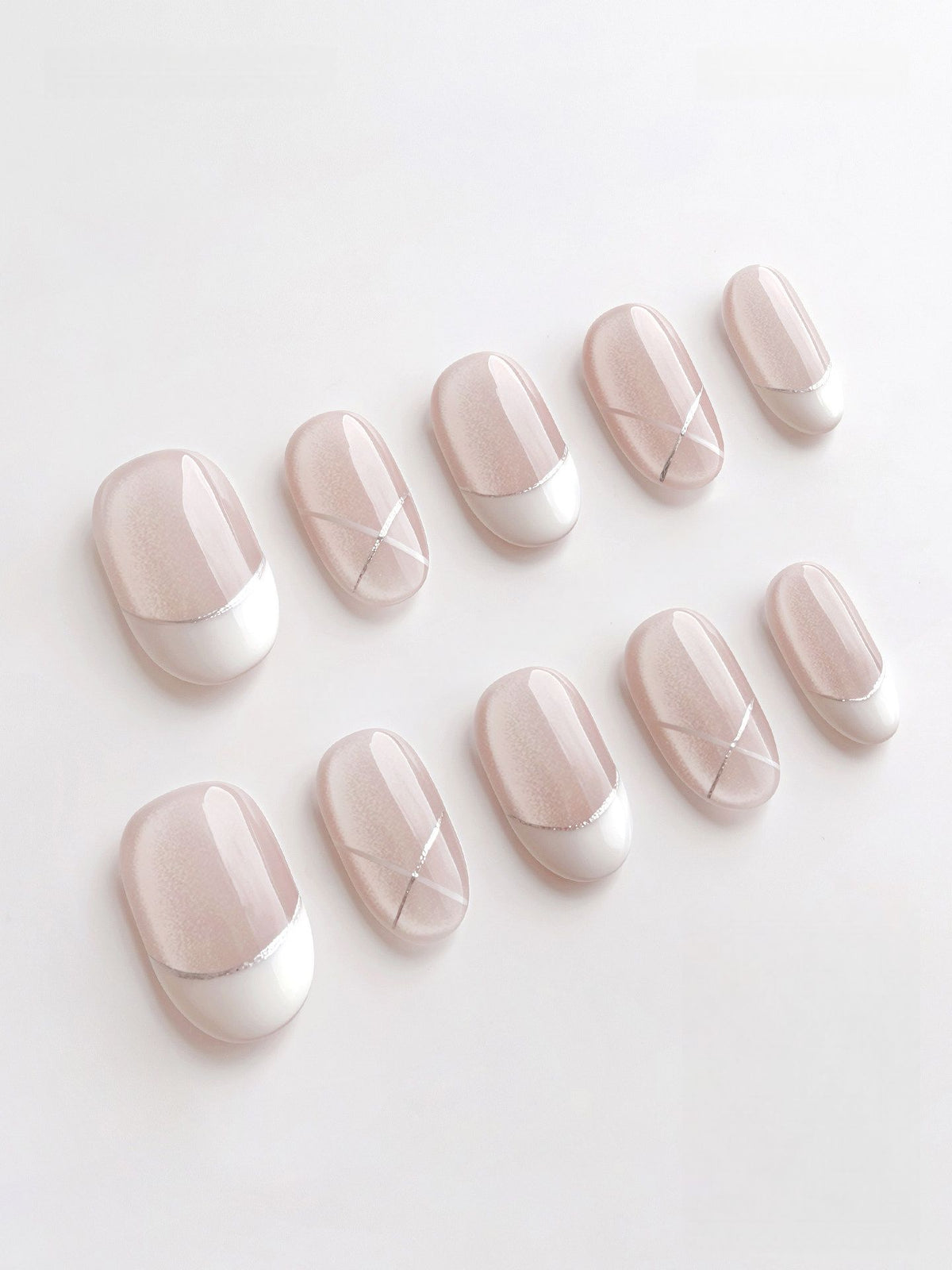 Pearl Cat-Eye White French - Handcrafted Soft Shimmer & Silver Cross Line Press-On Nails
