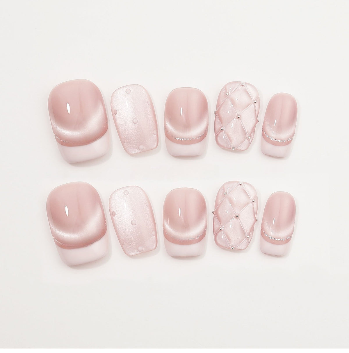 Pink Quilted Glam - Handcrafted Pink Cat-Eye & 3D Quilted French Press-On Nails