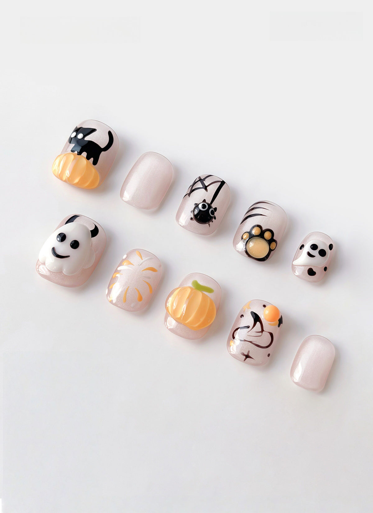 Milky Kawaii Ghost - Handcrafted 3D Ghost, Cat Paw & Jelly Pumpkin Press-On Nails