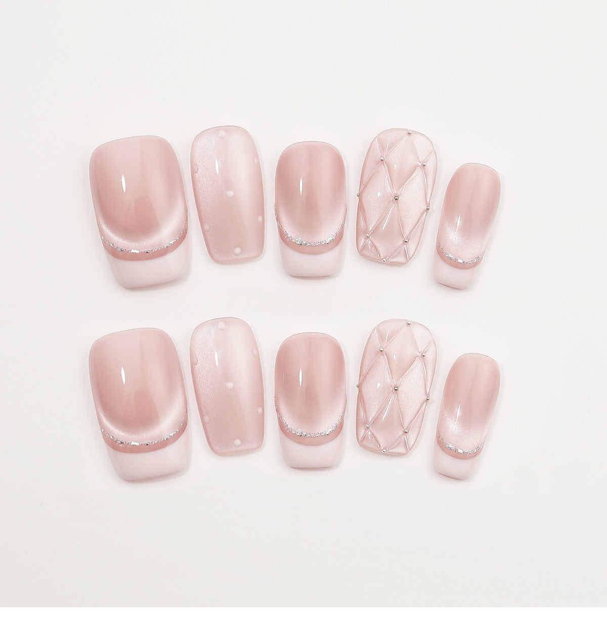 Pink Quilted Glam - Handcrafted Pink Cat-Eye & 3D Quilted French Press-On Nails