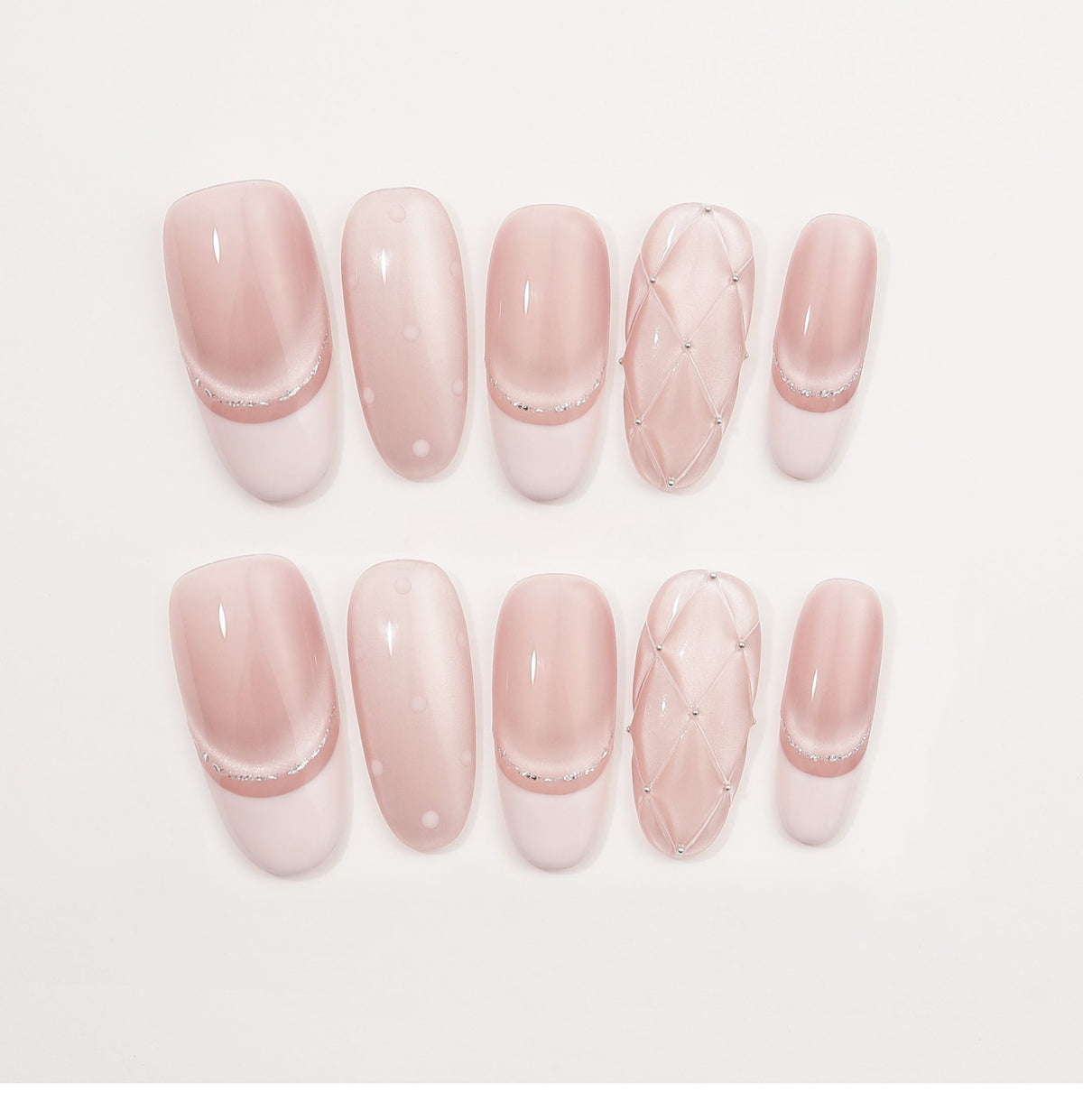 Pink Quilted Glam - Handcrafted Pink Cat-Eye & 3D Quilted French Press-On Nails