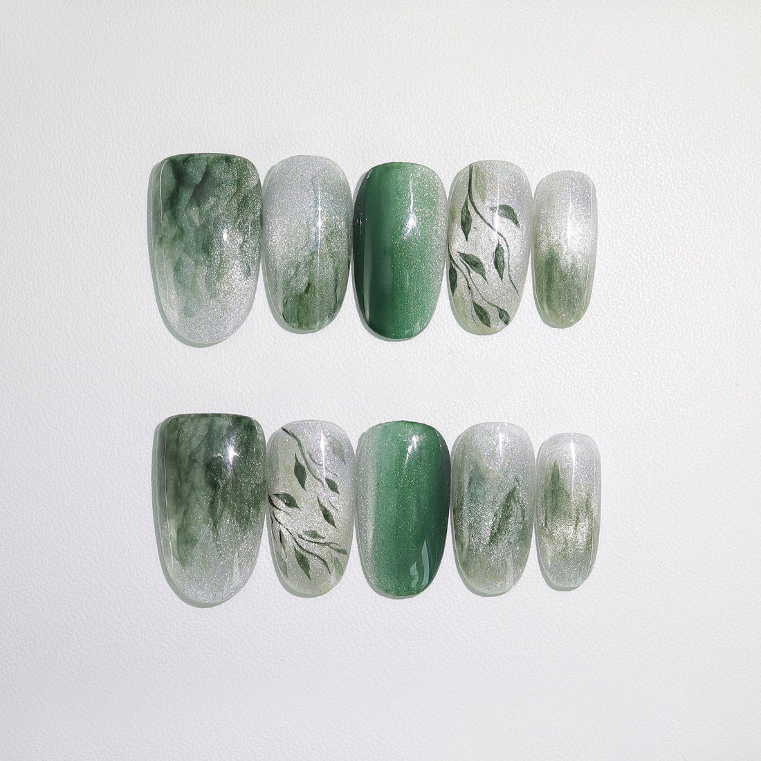Forest Bamboo Vine - Handcrafted Silver Cat-Eye & Sage Green Botanical Press-On Nails