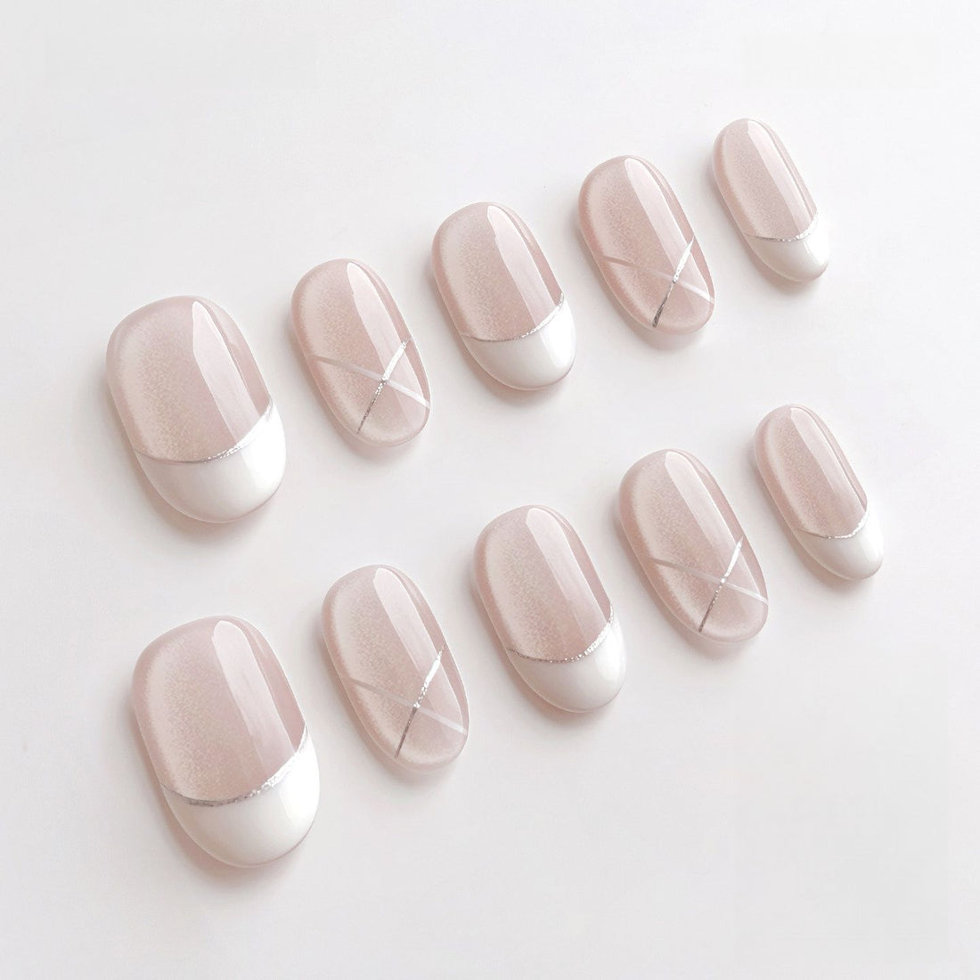 Pearl Cat-Eye White French - Handcrafted Soft Shimmer & Silver Cross Line Press-On Nails