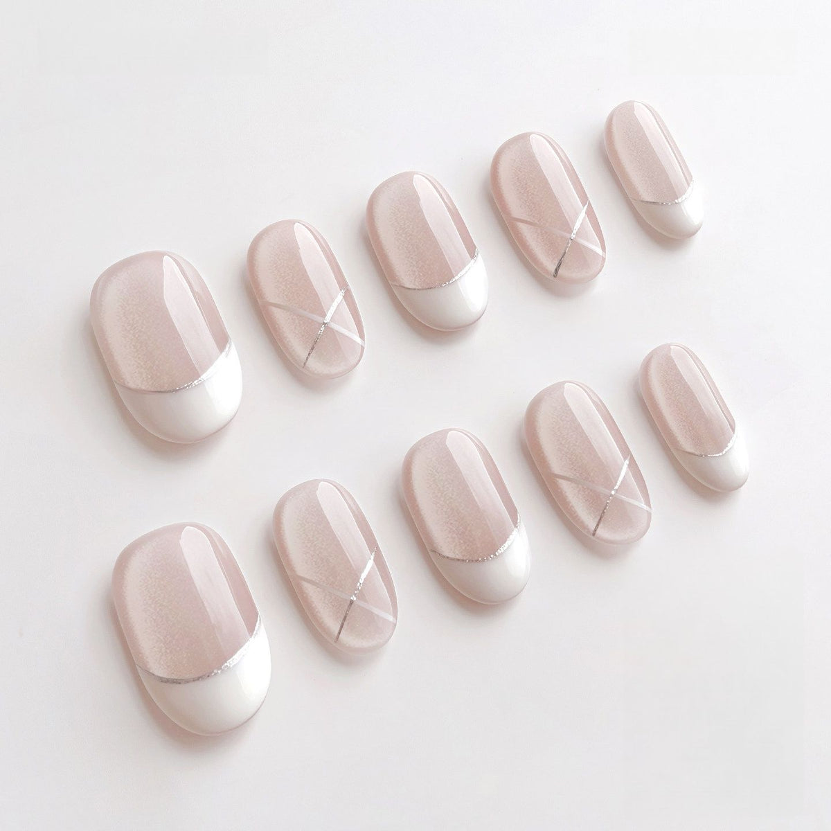 Pearl Cat-Eye White French - Handcrafted Soft Shimmer & Silver Cross Line Press-On Nails
