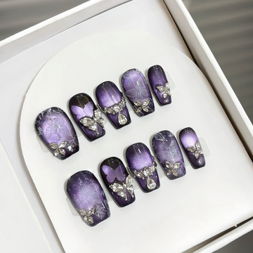 Gothic Crystal Butterfly - Handcrafted Purple Galaxy Cat-Eye & 3D Gem Press-On Nails