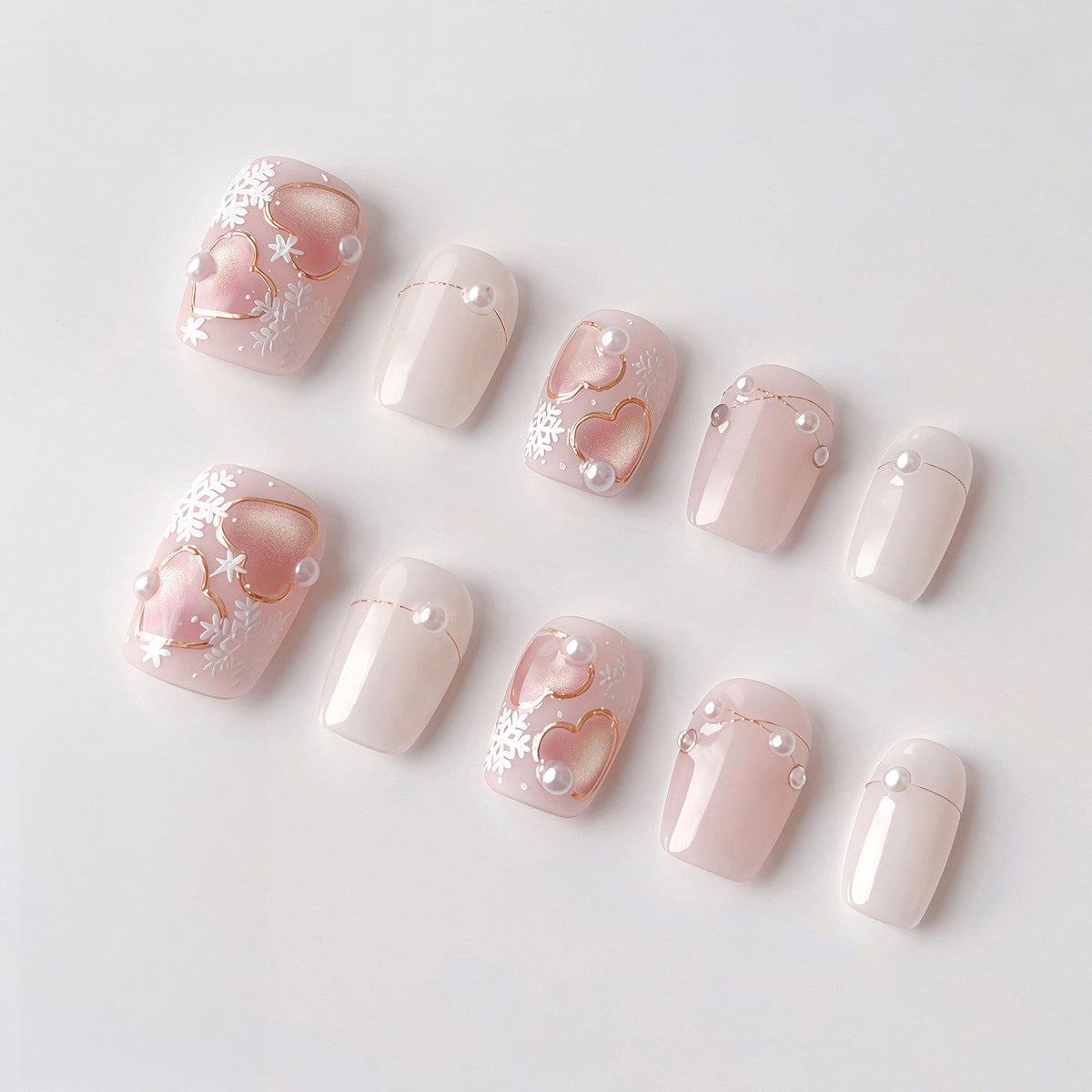 Winter Pink Snowflake - Handcrafted Rose Gold Cat-Eye Hearts & 3D Snowflake Press-On Nails