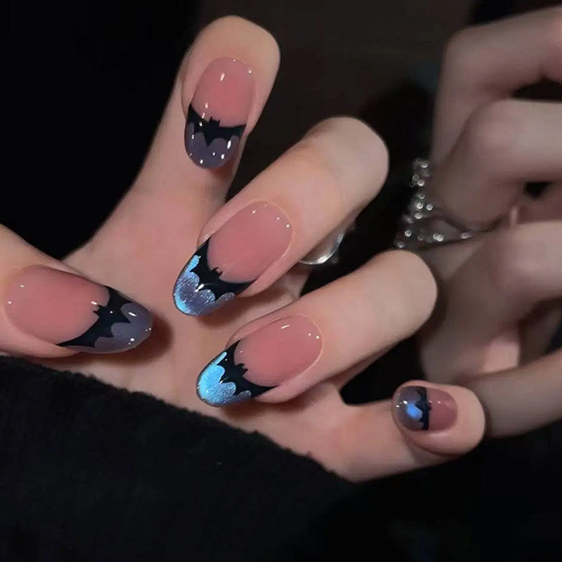Gothic Bat Cat-Eye French - Handcrafted Bat Silhouette & Blue Cat-Eye Press-On Nails