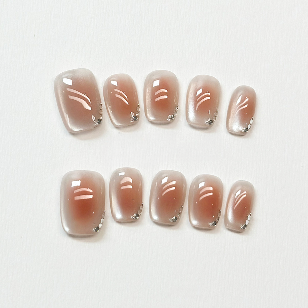 Nude Aura - Handcrafted Sheer Blush Cat-Eye & Rhinestone Press-On Nails