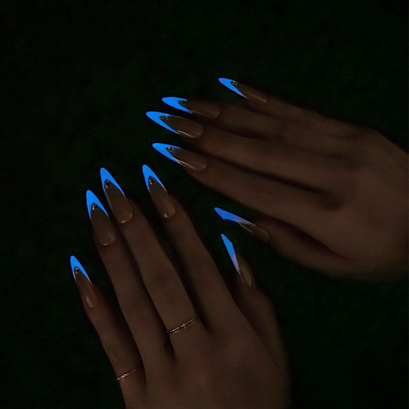 Glow-in-the-Dark Ice Blue French - Handcrafted Night Glow & Rhinestone Long Almond Press-On Nails
