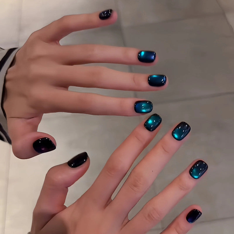 Deep Sea Aurora - Handcrafted Black & Emerald-Blue Cat-Eye Press-On Nails