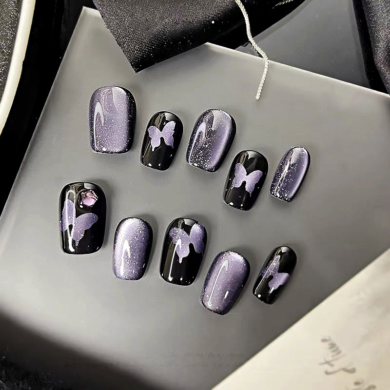 Gothic Butterfly - Handcrafted Purple Galaxy Cat-Eye & 3D Star Press-On Nails