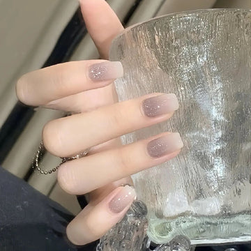 Nude Grey Sparkle Ombré - Handcrafted Translucent Nude & Shimmer Gradient Press-On Nails