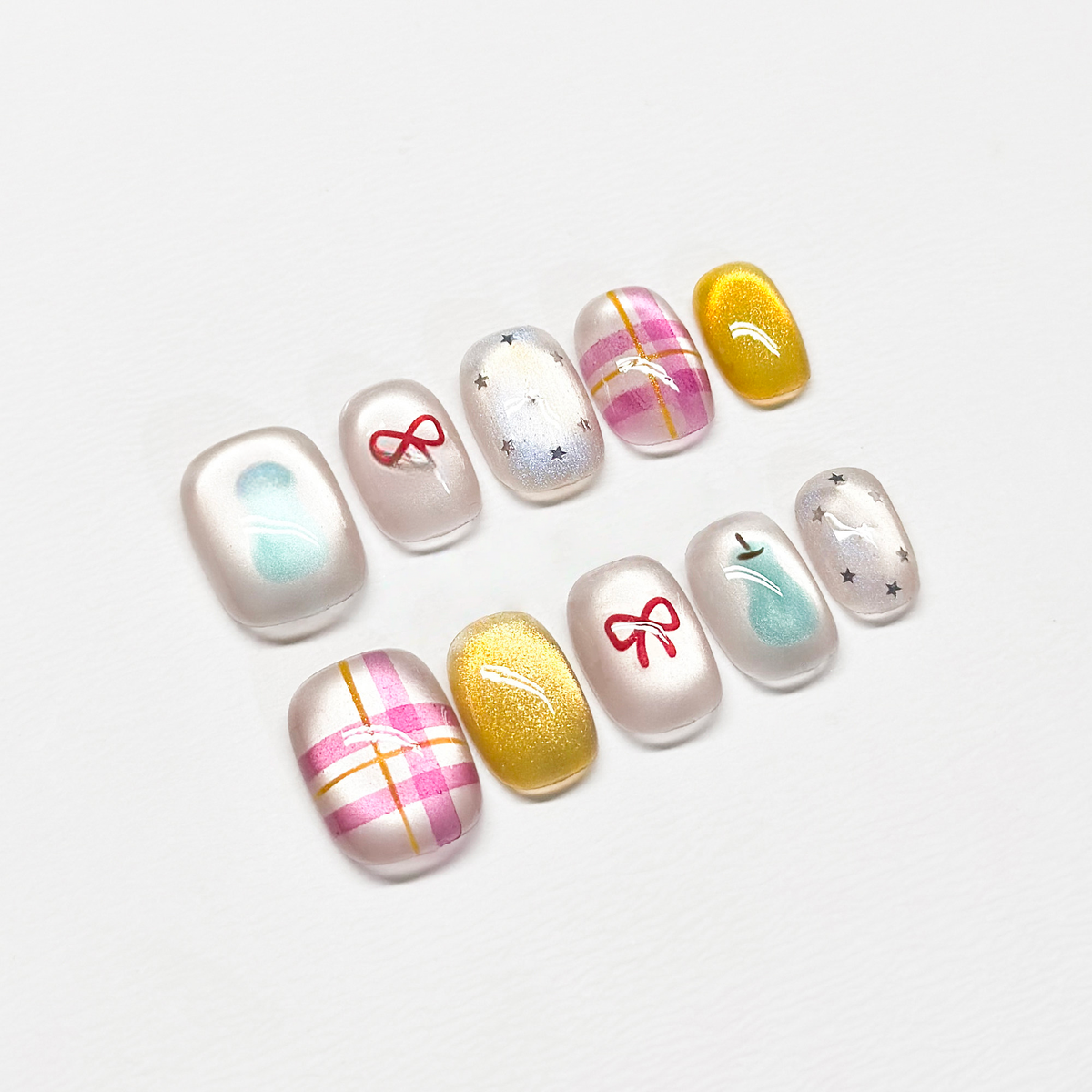 Doodle Bows & Gingham - Handcrafted Y2K Celestial & Cat-Eye Press-On Nails