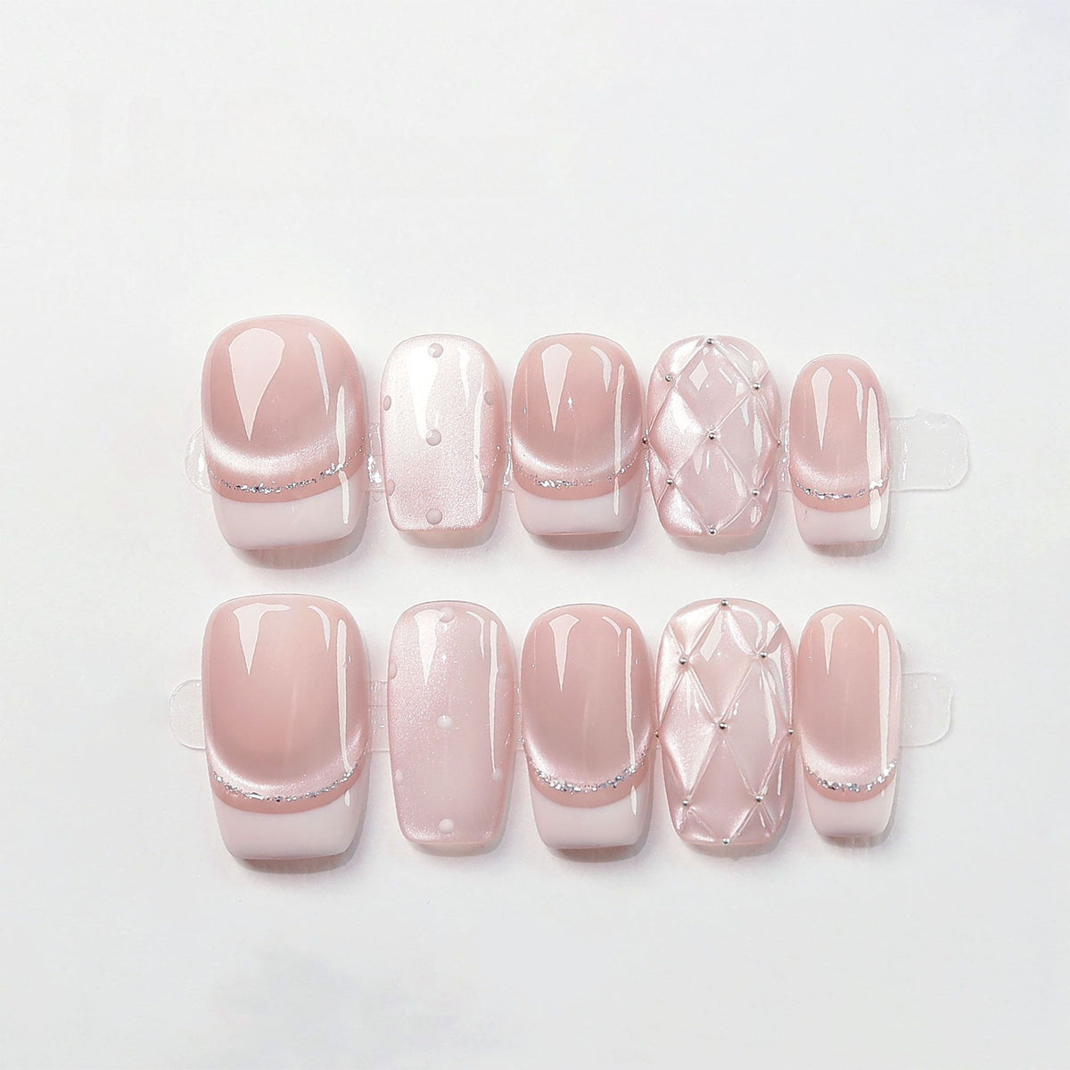 Pink Quilted Glam - Handcrafted Pink Cat-Eye & 3D Quilted French Press-On Nails