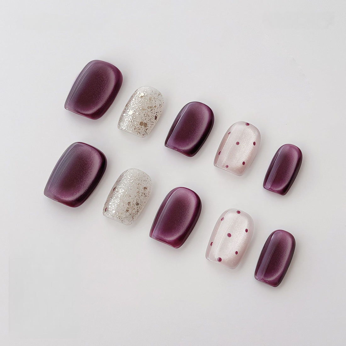 Burgundy Cat-Eye Polka Dot - Handcrafted Plum Velvet Cat-Eye & Silver Glitter Press-On Nails