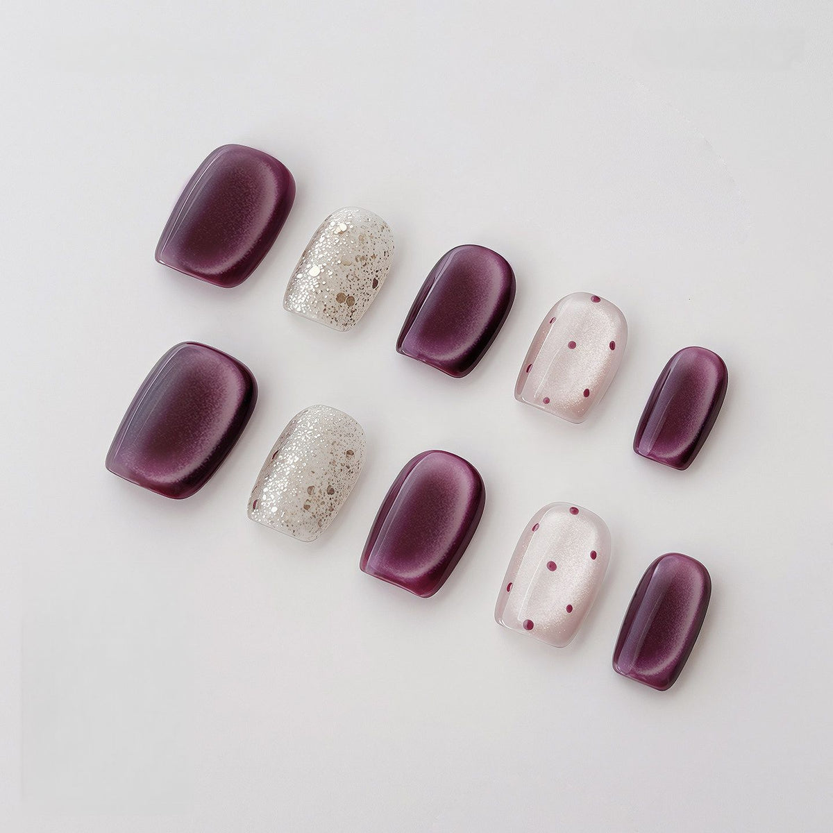 Burgundy Cat-Eye Polka Dot - Handcrafted Plum Velvet Cat-Eye & Silver Glitter Press-On Nails