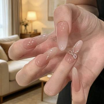 Pearl Bow Nude Ombre - Handcrafted Translucent Nude Pink & Pearl Bowknot Press-On Nails