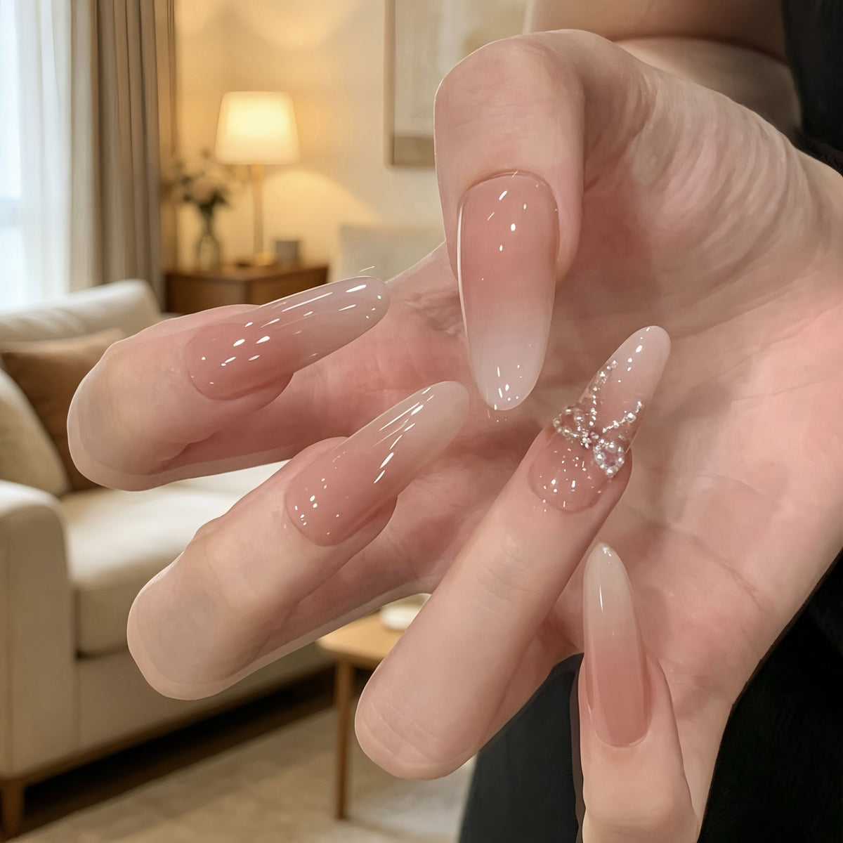 Pearl Bow Nude Ombre - Handcrafted Translucent Nude Pink & Pearl Bowknot Press-On Nails