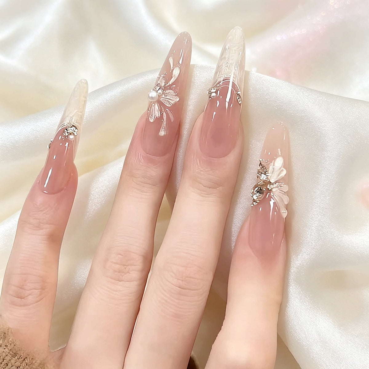 Ethereal White Butterfly - Handcrafted 3D Sculpted Butterfly Wings & Pearl Press-On Nails