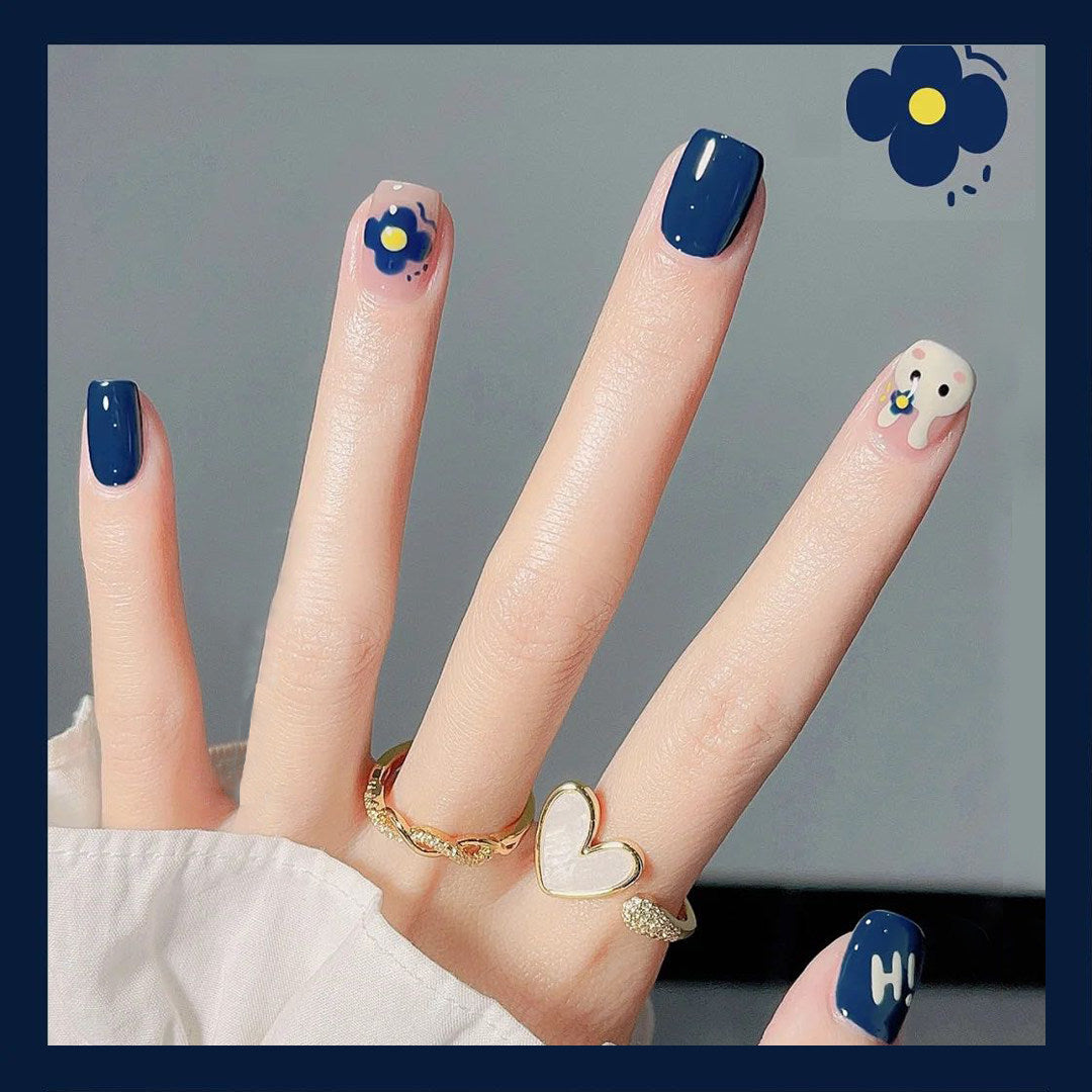 Cobalt Bunny Kawaii - Handcrafted Bright Blue & Milky White Bunny Art Press-On Nails