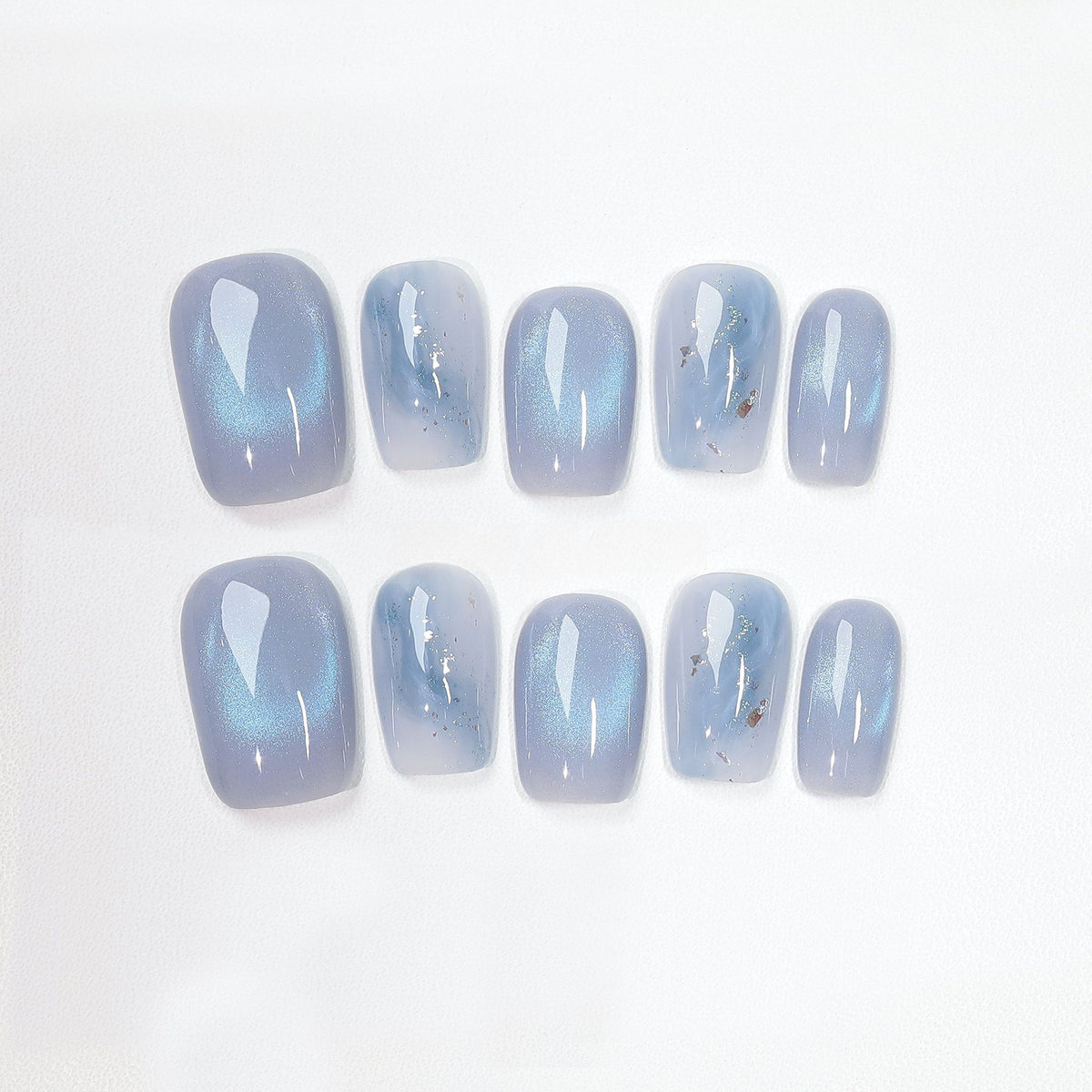 Icy Celestial Blue - Handcrafted Ice Blue Cat-Eye & Fluid Ripple Press-On Nails
