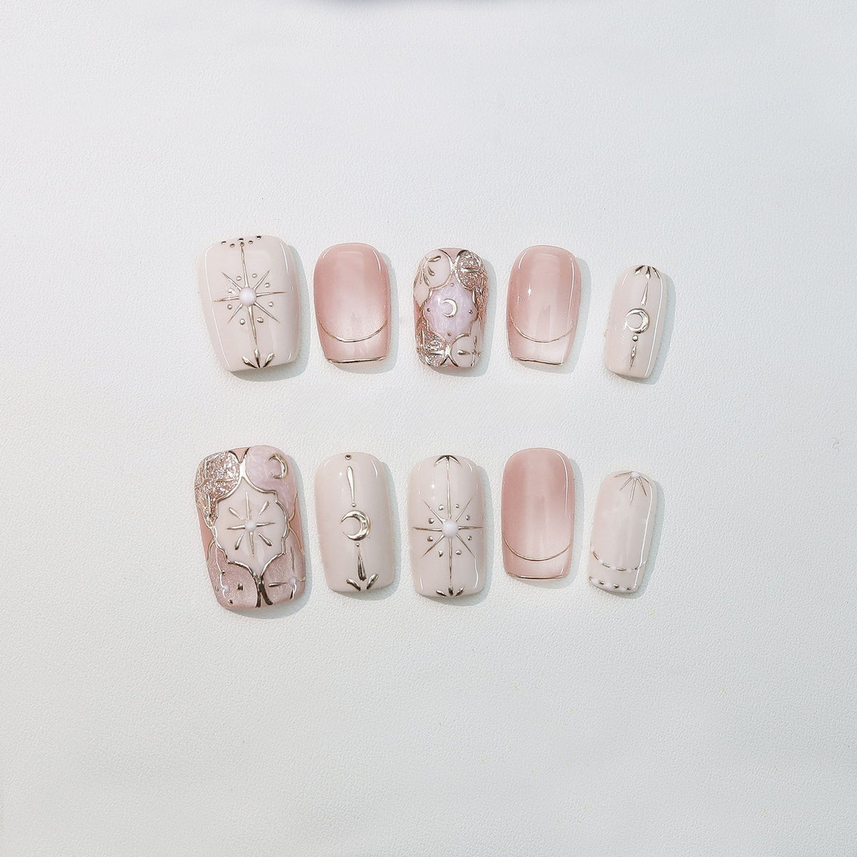 Celestial Rosy Quartz - Handcrafted Rose Nude & 3D Gold Sun & Moon Press-On Nails