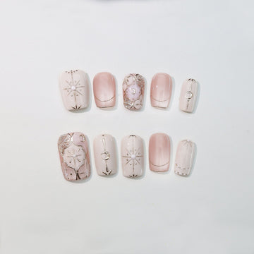 Celestial Rosy Quartz - Handcrafted Rose Nude & 3D Gold Sun & Moon Press-On Nails