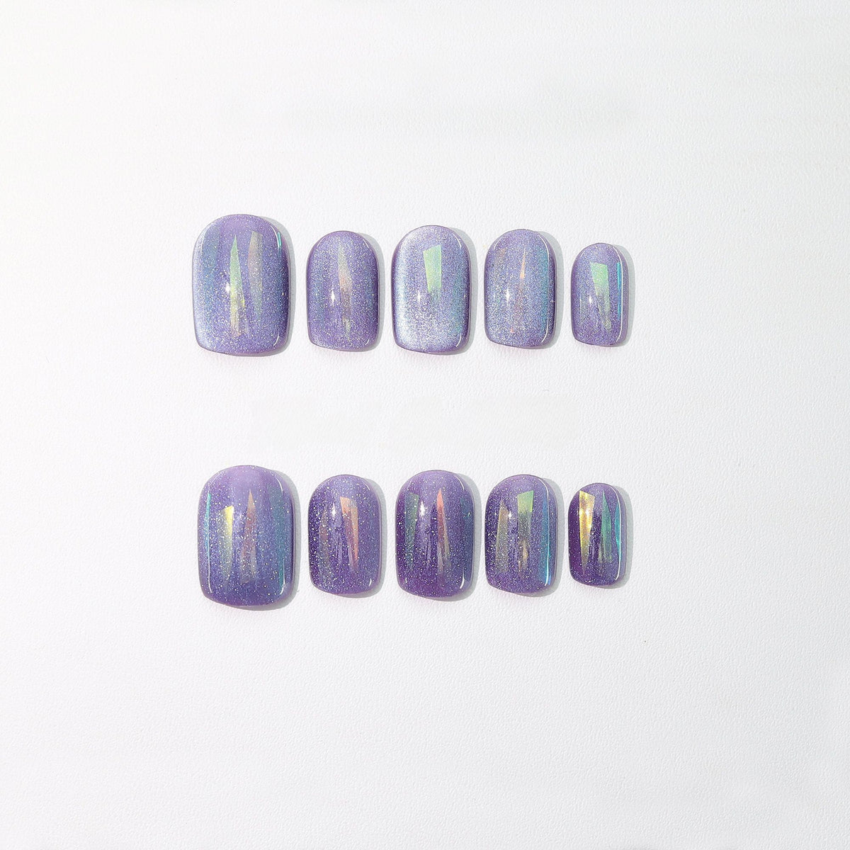 Lavender Aurora Glass - Handcrafted Light Purple Magnetic Cat-Eye & Iridescent Foil Press-On Nails