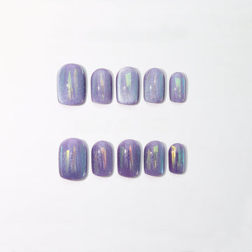 Lavender Aurora Glass - Handcrafted Light Purple Magnetic Cat-Eye & Iridescent Foil Press-On Nails