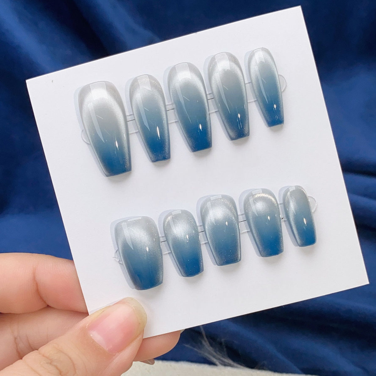 Icy Ocean Ombré - Handcrafted Frost White & Deep Blue Cat-Eye Press-On Nails