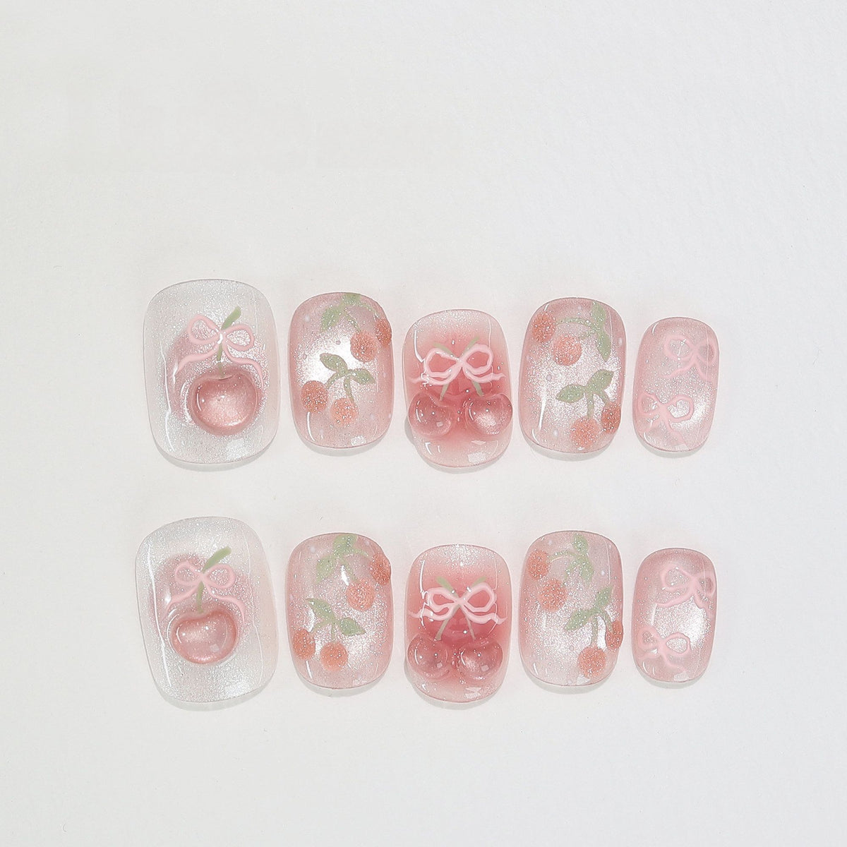 Sweet Cherry - Handcrafted Ice Pink Cat-Eye & 3D Cherry Bow Press-On Nails