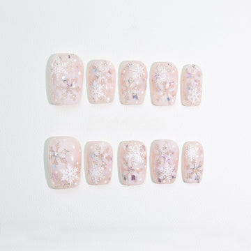 Frosty Pink Snowflake - Handcrafted Sheer Pink & Iridescent Snowflake Press-On Nails