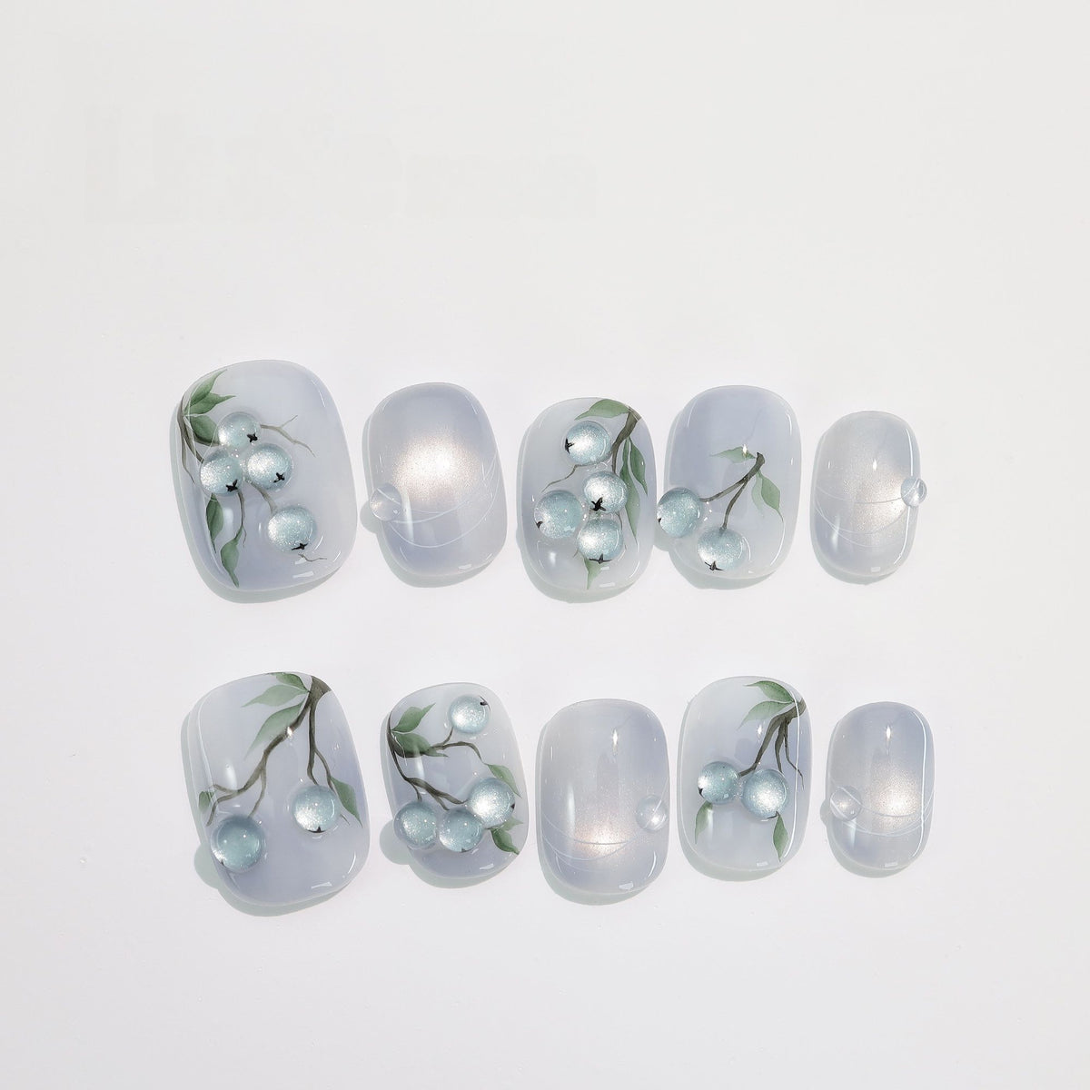 Blueberry Botanical - Handcrafted Blue-Gray Cat-Eye & 3D Blueberry Press-On Nails