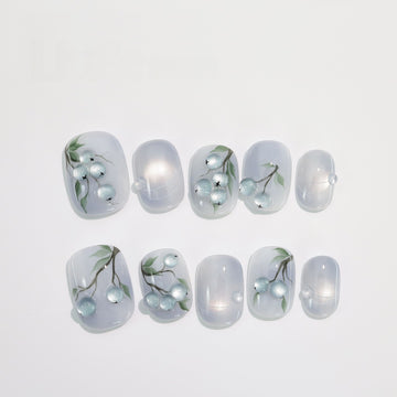 Blueberry Botanical - Handcrafted Blue-Gray Cat-Eye & 3D Blueberry Press-On Nails