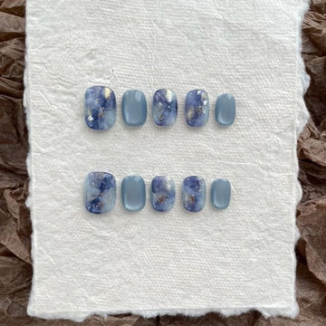 Glacier Bloom Marble - Handcrafted Icy Blue Watercolor Ink & Foil Press-On Nails
